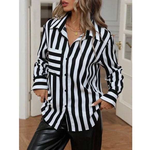 Black and White Button Up Shirt Striped with Pocket - Picture 6 of 7